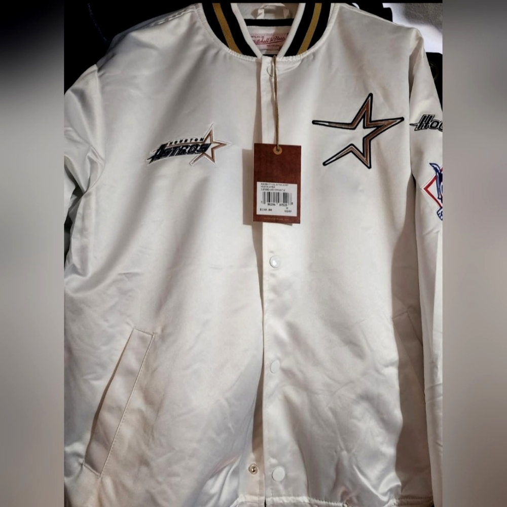 Astros White Satin Varsity Jacket with Star Patches Size M New With Tag